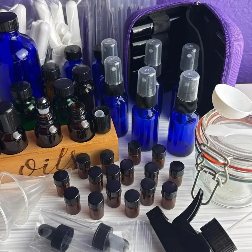 HUGE Essential Oils Bundle of Bottles Roller Dropper Sprayers Travel Jar Holder